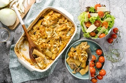 French Onion Rigatoni Baked Pasta and Garden Salad